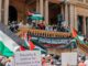Pro-Palestine rally with banners and flags