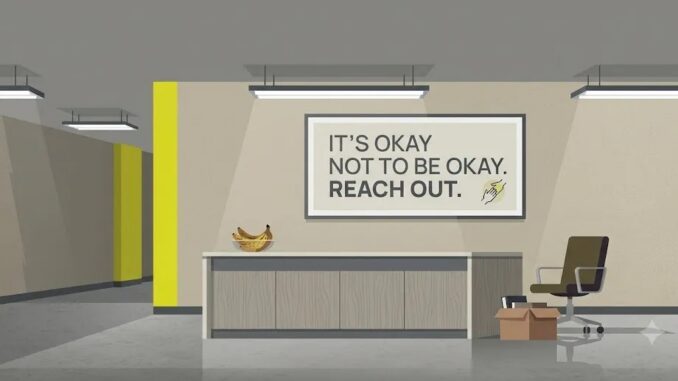 Office reception with mental health encouragement sign Office reception with mental health encouragement sign