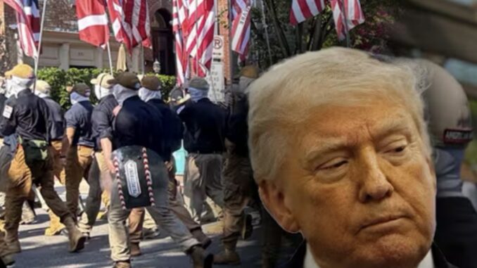 Close-up of man over marchers with American flags Close-up of man over marchers with American flags