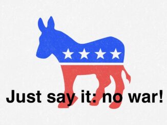 Blue-red Democratic donkey with "No war" slogan