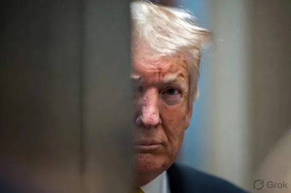Man with white hair peering through narrow gap