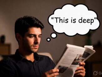 Man reading newspaper, thought bubble "This is deep