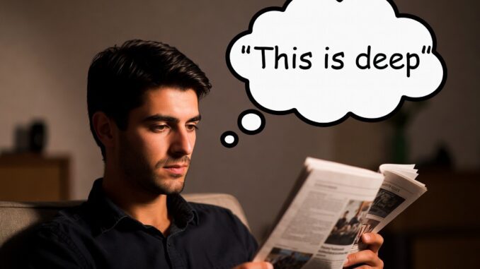 Man reading newspaper, thought bubble "This is deep