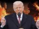 Light-haired man at podium, fiery explosions behind
