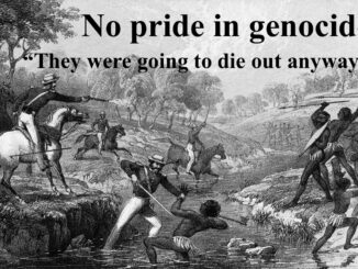 Anti-genocide poster over historical attack engraving