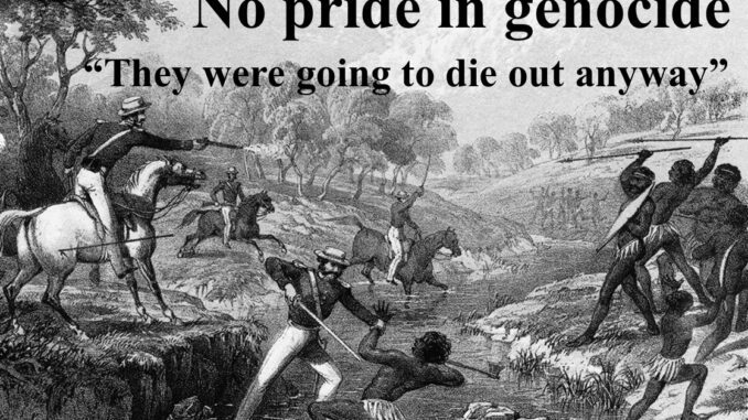 Anti-genocide poster over historical attack engraving