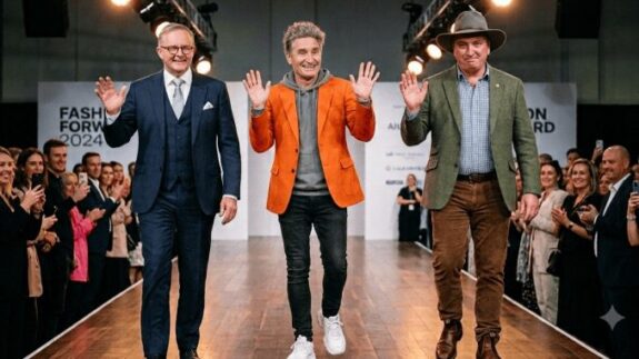 Three men waving on fashion runway