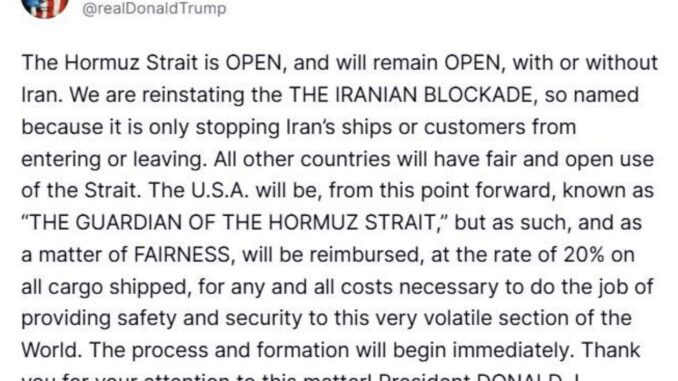 Screenshot of social media post about Hormuz Strait