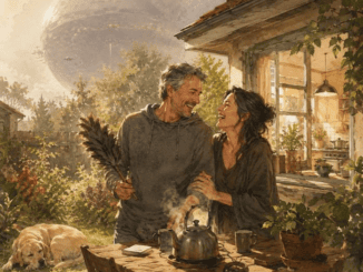 Couple at rustic table with teapot, dog, planet