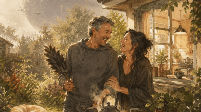 Couple at rustic table with teapot, dog, planet