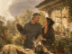 Couple at rustic table with teapot, dog, planet