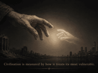 Aged hand reaching glowing child's hand above city