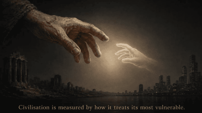 Aged hand reaching glowing child's hand above city